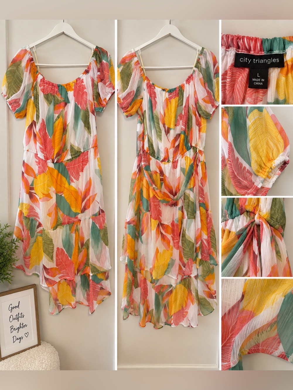 City Triangles Leaf-Print High-Low Maxi Dress in Coral, Yellow & Green